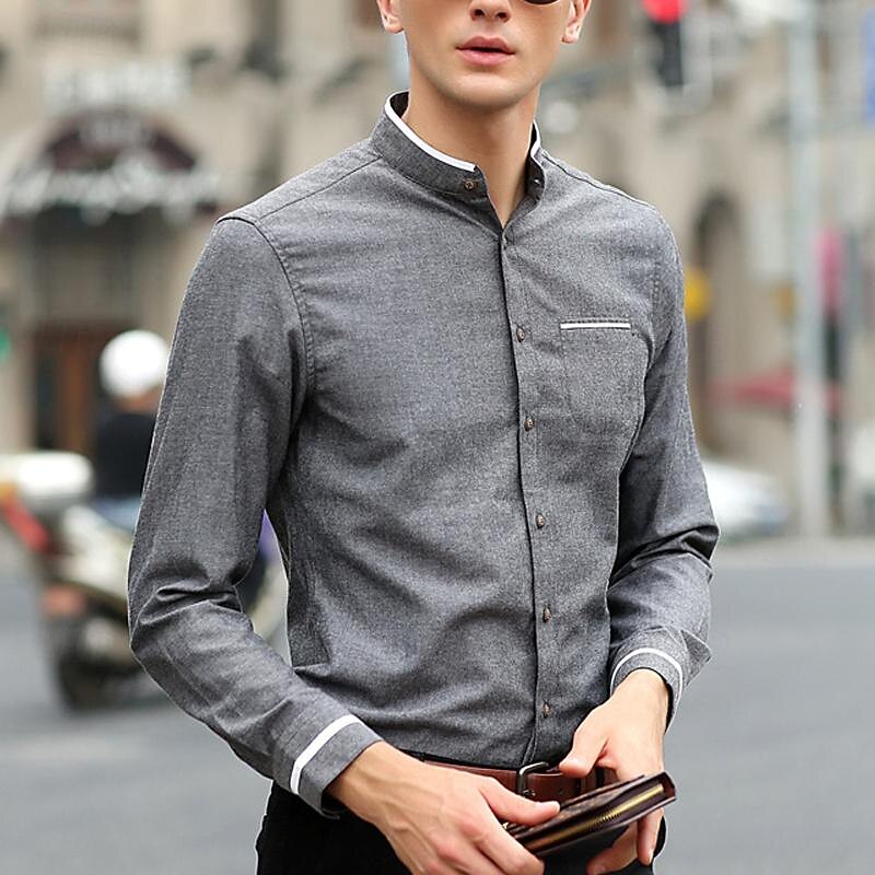 Men's Shirt Chinese Collar Shirt Mandarin Collar Shirt Dress Shirt Button Up Shirt Plain Wedding Party Pink Blue Sky Blue Dark Gray Long Sleeve Grandad Collar Spring &  Fall Clothing Apparel Patchwork3