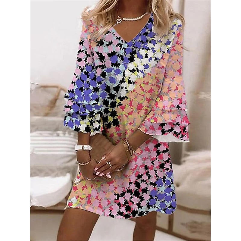 Women's Mini Dress Casual Dress Semi Formal Dress Petite Dress Sundress Streetwear Ruffle Sleeve Vacation Street Date Regular Fit Floral 3/4 Length Sleeve V Neck White Pink Blue Purple2