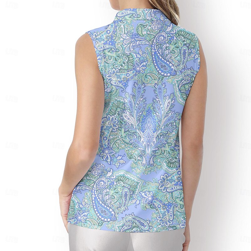 Women's Golf Polo Shirt Light Blue Sleeveless Sun Protection Top Paisley Ladies Golf Attire Clothes Outfits Wear Apparel2