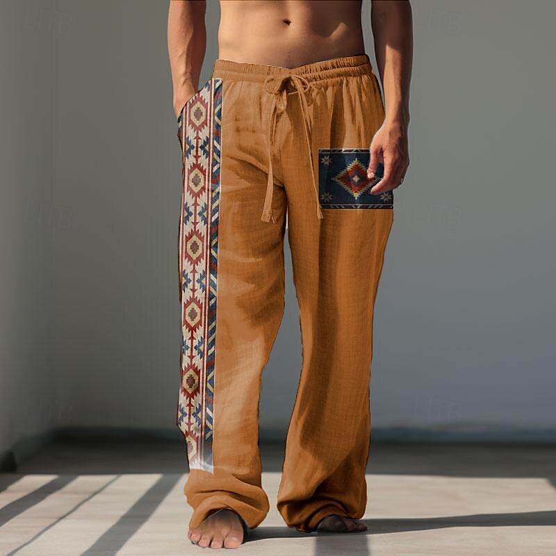 Men's Tribal Argyle Linen Pants Pants Trousers Baggy Pants Mid Waist Vintage Outdoor Daily Wear Streetwear Fall & Winter Green Khaki Gray4