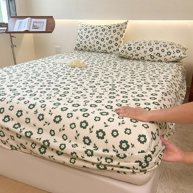 1Pc 100% Cotton Bed Fitted Sheet With Small Fragmented Flower Bed Cover Elastic Mattress Cover For Single Or Double Deluxe Double Bed Cover Available In Multiple Sizes