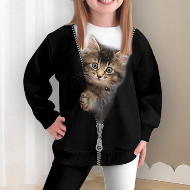 Girls' 3D Cat Sweatshirt & Legging Set Long Sleeve 3D Print Spring Fall Active Fashion Daily Kids 4 years+ Crew Neck Outdoor Vacation Date Regular Fit4