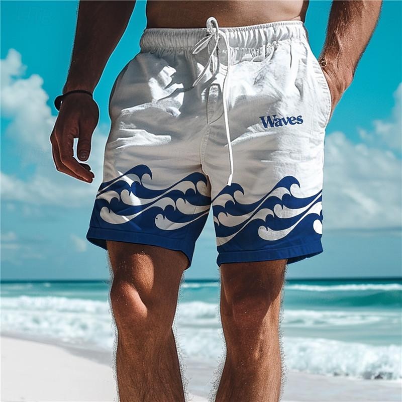 Waves Men's Resort 3D Printed Board Shorts Swim Trunks Elastic Waist Drawstring with Mesh Lining Aloha Hawaiian Style Holiday Beach S TO 3XL