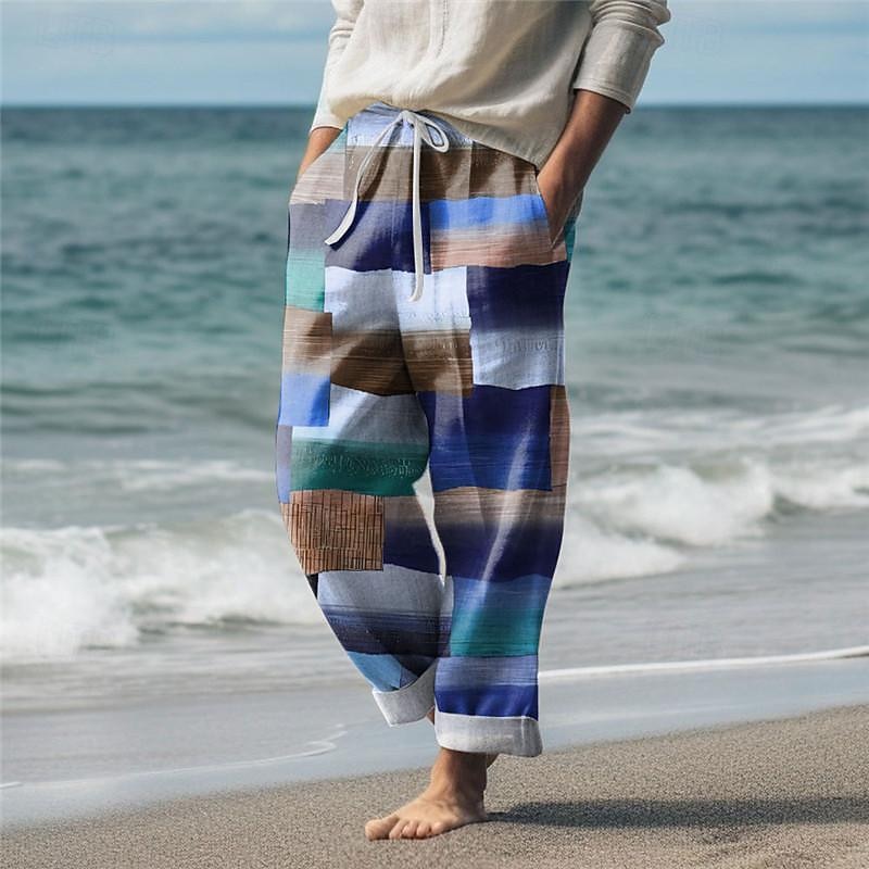 Color Block Plaid Men's Resort 3D Printed Casual Pants Trousers Elastic Waist Drawstring Loose Fit Straight-Leg Summer Beach Pants S TO 3XL2