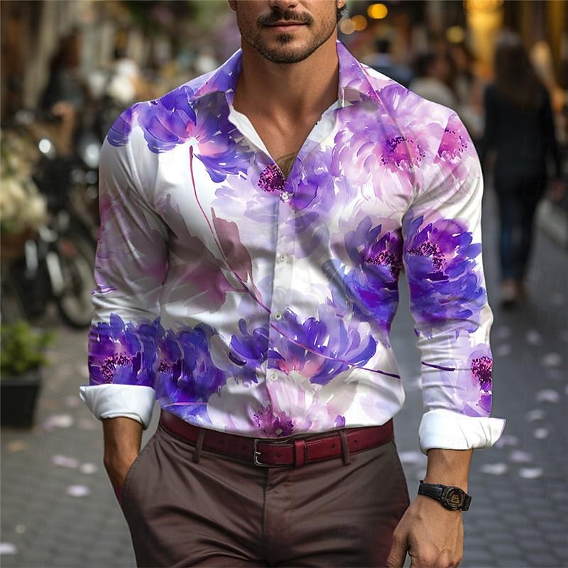 Valentine's Day Men's Rose Floral Shirt Button Up Shirt Long Sleeve Casual Daily Wear Going out Spring Turndown Print Button-Down Pink Blue Purple4