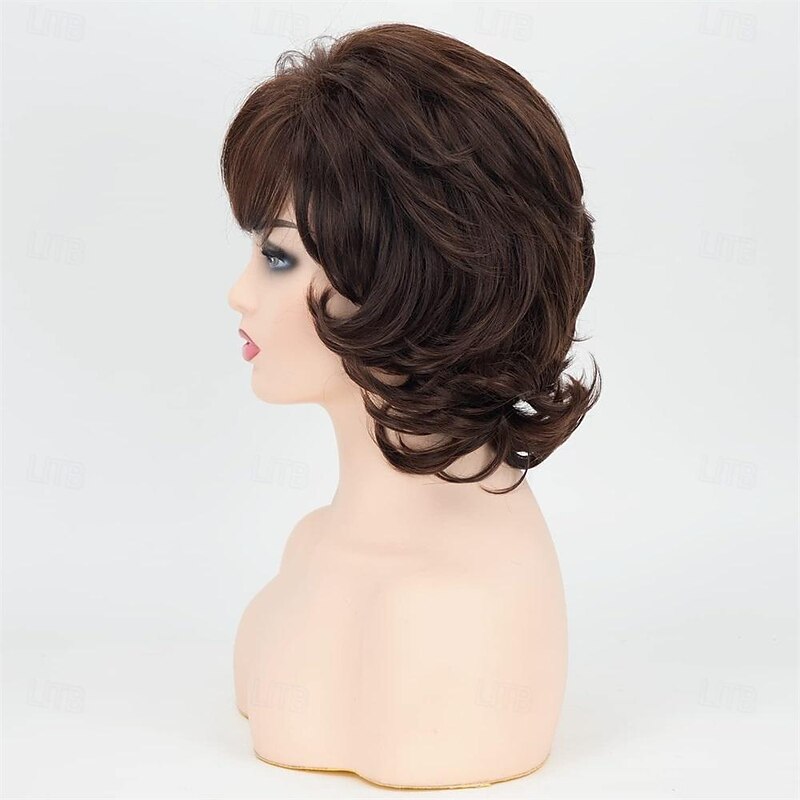 Brown Short Wavy Wigs for White Women with Bangs Medium Shaggy Wave Curly Wig Layered Natural Looking Synthetic Daily Party Wig3
