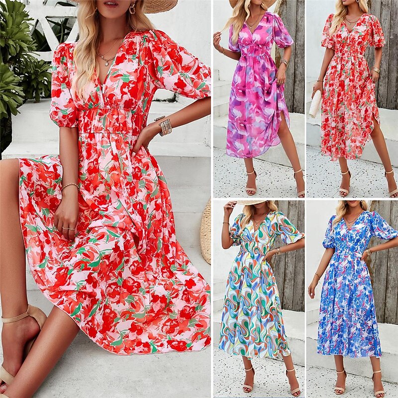 Women's Casual Dress Floral Print V Neck Midi Dress Ethnic Boho Vacation Short Sleeve Summer2