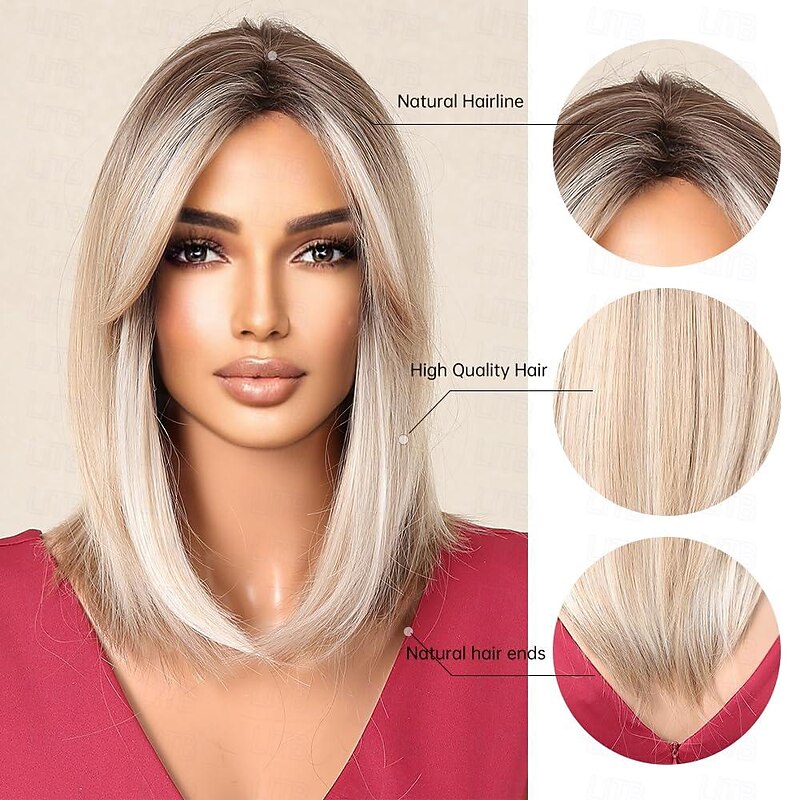 Blonde Wig with Bangs Short Wavy Ombre Blond Wigs with Dark Roots for Women Synthetic Heat Resistant Hair Natural Looking Cute Wigs for Carnival/Christmas/Cosplay/Party2