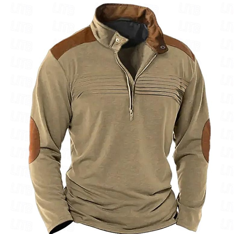 Men's Tee Top Long Sleeve Standing Collar Spring &  Fall Color Block Fashion Designer Basic Vacation Street Going out Black Navy Blue Brown Top Tee for Men