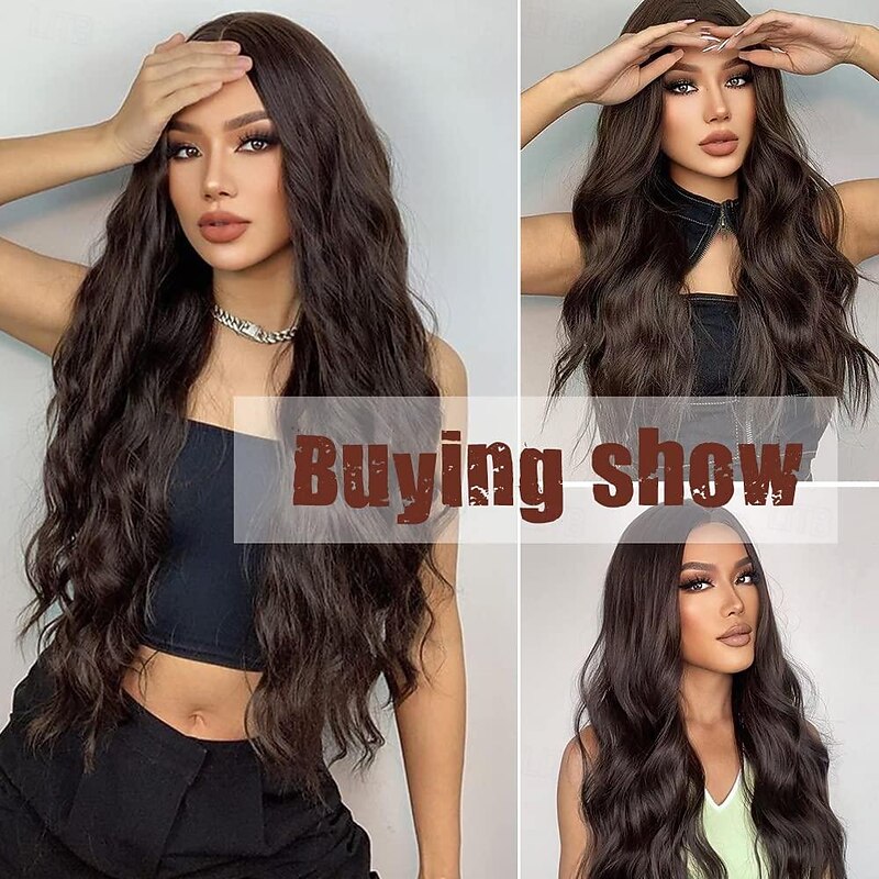 Long Brown Wavy Wig for Women 26 inch Curly Middle Part Wig Premium Protein Fiber Natural Looking Hair Replacement Wig for Daily Party Use Cosplay Costume Halloween Wig4