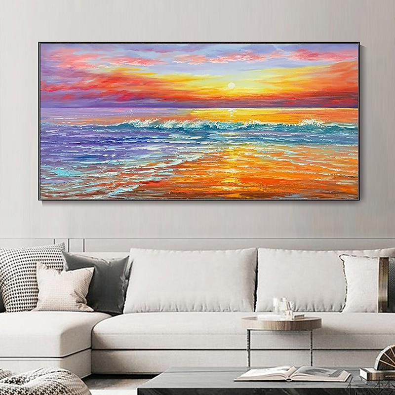 Hand Painted Seascape Sunrise Oil Painting Wall Art Beach Texture Canvas paintingh Wall Art Sea Sunset Cloud Reflection Landscape painting Sofa Background Home Decoration ready to hang or canvas3