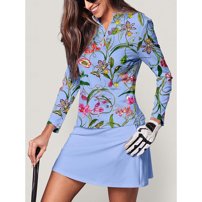 Women's Golf Polo Shirt Blue Long Sleeve Top Fall Winter Ladies Golf Attire Clothes Outfits Wear Apparel