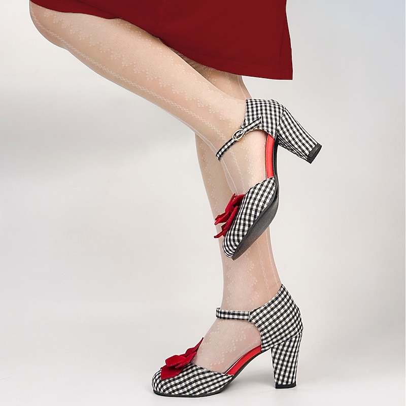 Women's Vintage Gingham Checkered Mary Jane Heels with Red Flower Embellishments – Retro Style Party Shoes3