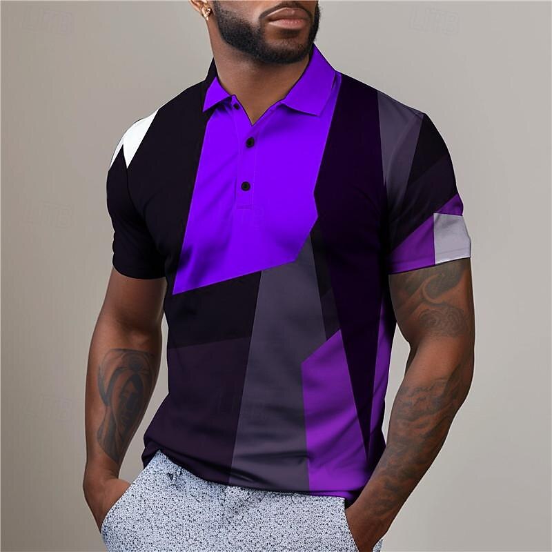 Men's Plaid Golf Shirt Short Sleeve Polo Shirts Collared Shirts Vintage Casual Vacation Wear Formal Wear Festival Wear Buttons 3D Print Summer Red Blue Purple3