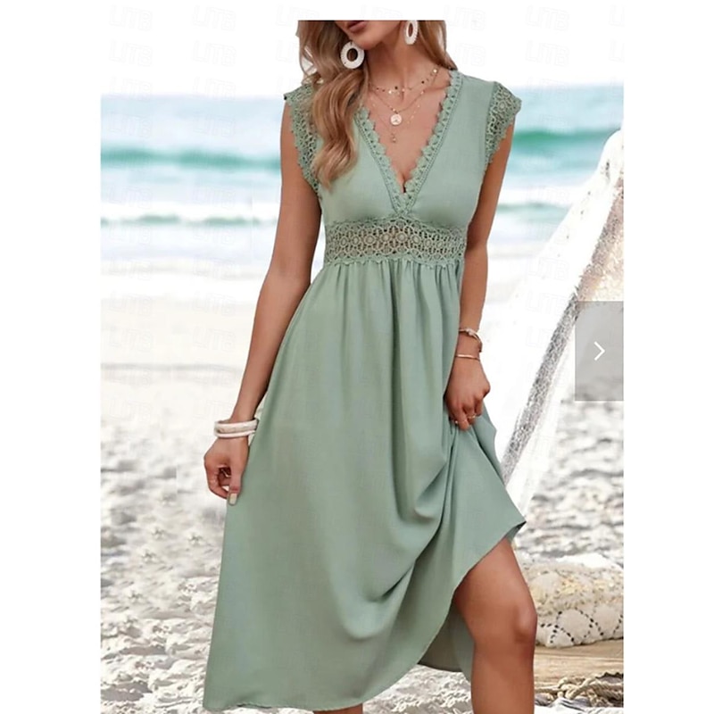 Women's A Line Dress Plain Dress Midi Dress Zipper Eyelet Elegant Hawaiian V Neck Short Sleeve Green Color