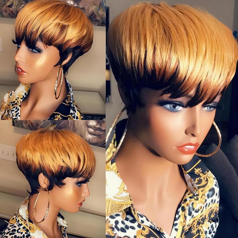 Human Hair Short Bob Pixie Cut Wigs for Black Women Short Layered Wigs with Bangs Brazilian Virgin Human Hair Wigs Glueless Black With Brown Color