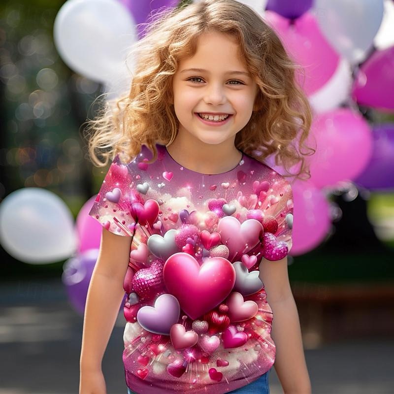 Valentines Girls' 3D Heart Tee Shirt Pink Short Sleeve 3D Print Summer Active Fashion Cute Polyester Kids 3-12 Years Crew Neck Outdoor Casual Daily Regular Fit