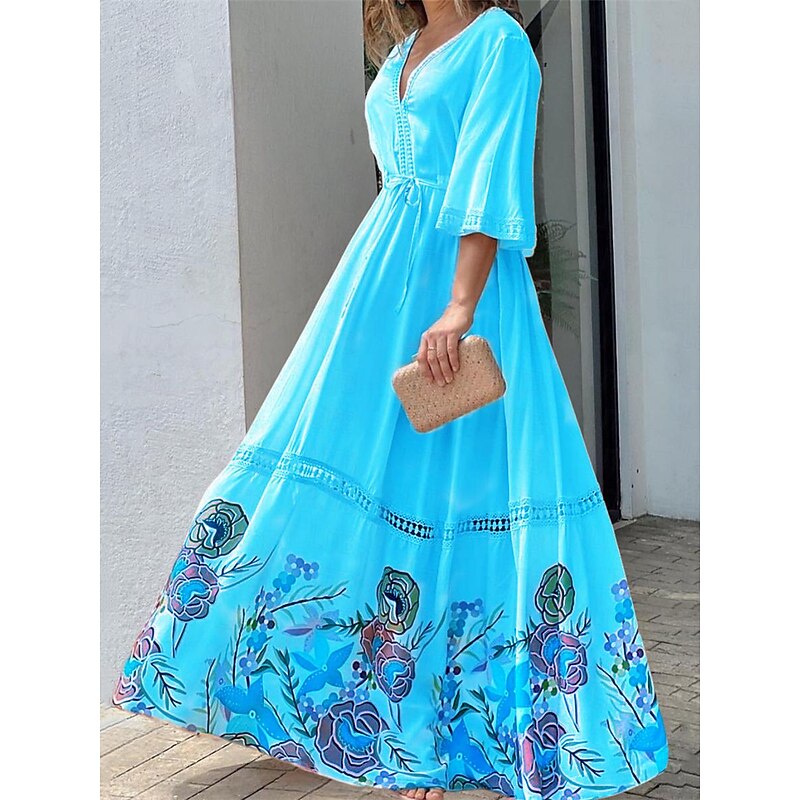 Women's Casual Dress Floral Lace up Eyelet V Neck Long Dress Maxi Dress Vacation 3/4 Length Sleeve Summer Spring3