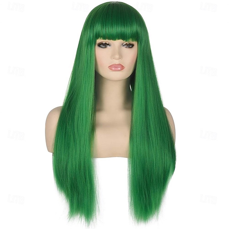 Women's 26 Long Straight Green Synthetic Resistant Hair Wigs with Bangs Natural Looking Wig for Women Halloween Cosplay St.Patrick's Day Wigs