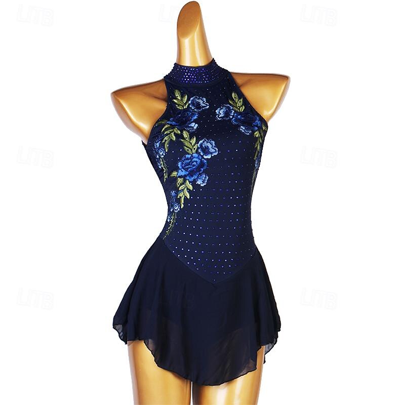 Dance Salsa Latin Dance Dress Rhinestone Women's Girls' Performance Training Long Sleeve High Chiffon Spandex2