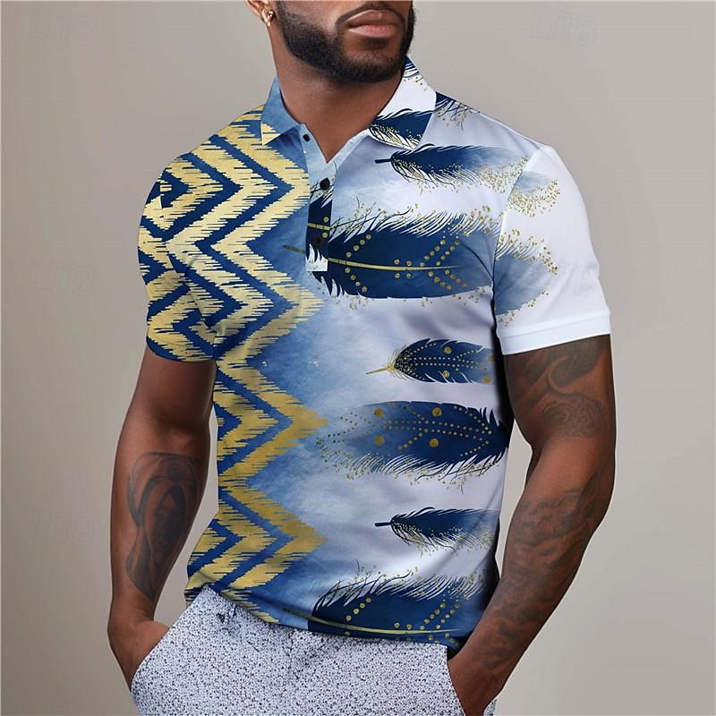 Men's Feathers Hawaiian Polo Shirts Golf Shirt Short Sleeve Polo Shirts Collared Shirts Beach Wear Vacation Wear Tropical Wear Party Outfits Buttons 3D Print Summer Red Blue Purple