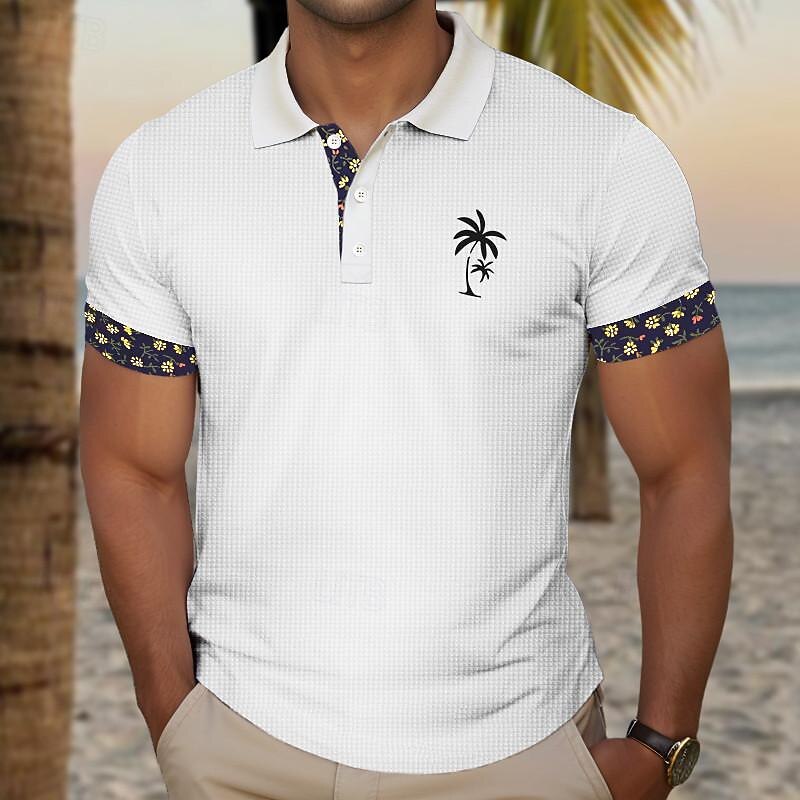 Kentucky Derby Men's Plaid Palm Tree Golf Shirt Short Sleeve Polo Shirts Collared Shirts Casual Beach Wear Vacation Wear Tropical Wear Party Outfits Buttons 3D Print Summer Black White Navy Blue4