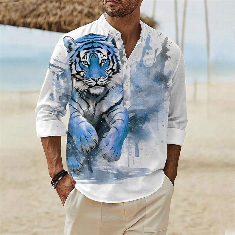 Men's Animal Tiger Shirt Linen Shirt Button Up Shirt Long Sleeve Hawaiian Casual Vacation Daily Wear Going out Spring &  Fall Stand Collar Buttons Print Blue Purple Orange Green2