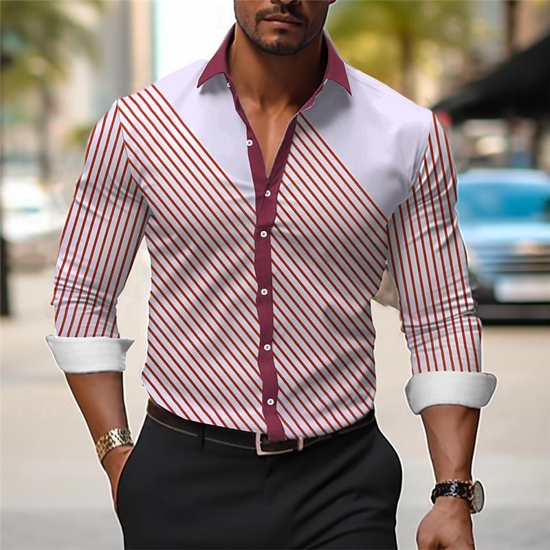Men's Dress Shirt Printed Shirts Stripe Outdoor Wear to work Black Red Blue Long Sleeve Turndown Spring & Summer Clothing Apparel Print