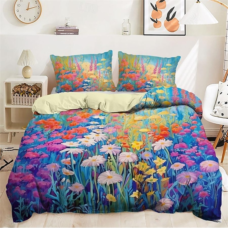 Oil Painting Style Flowers Pattern Duvet Cover Set Comforter Set Soft 3-Piece Luxury Cotton Bedding Set Home Decor Dusk Bedding Gift King Queen Full Size4