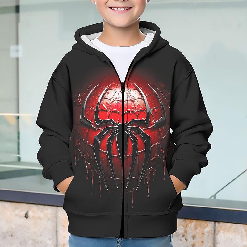 Boys 3D Spider Hoodie Coat Outerwear Long Sleeve Fall Winter Active Streetwear Cool Polyester Kids 3-12 Years Zip Street Daily Regular Fit