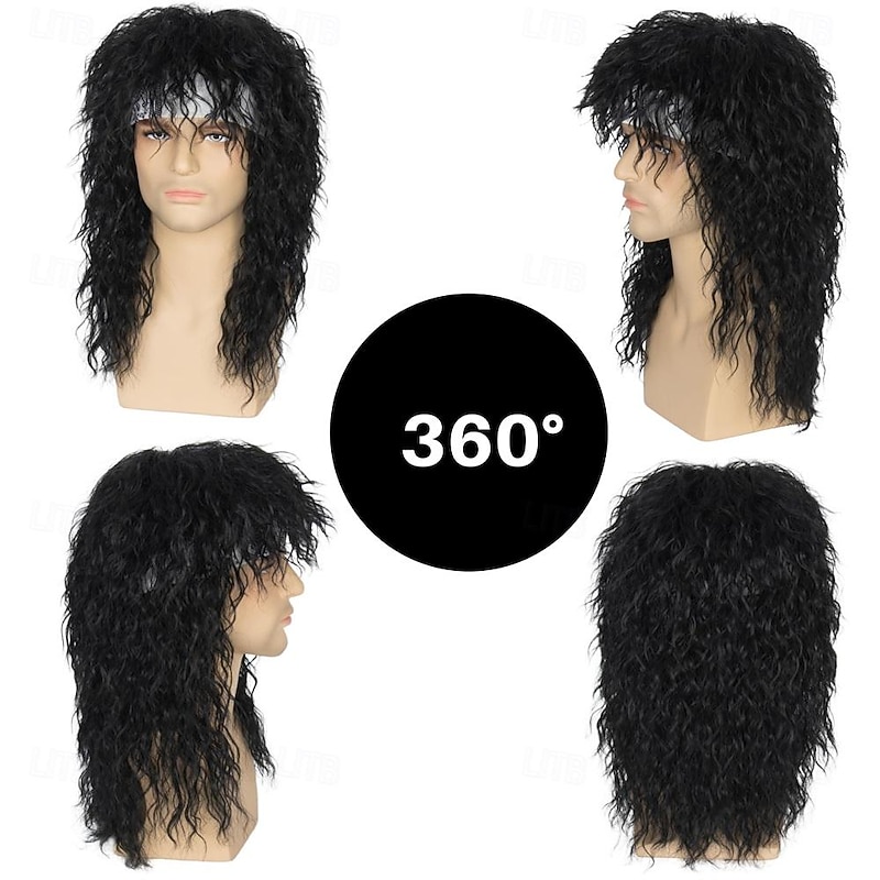 Men's 80s Mullet Wig Black Curly Wig Punk Rocker Wig Party Cosplay Hair with Accessories Halloween Wigs2