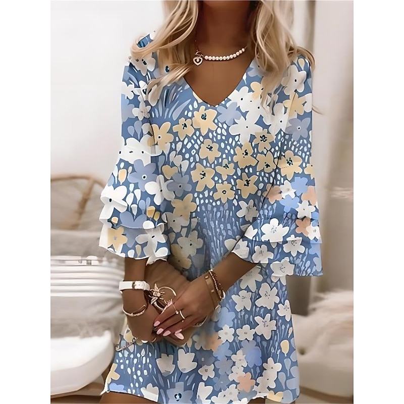Women's Mini Dress Casual Dress Semi Formal Dress Petite Dress Sundress Streetwear Ruffle Sleeve Vacation Street Date Regular Fit Floral 3/4 Length Sleeve V Neck White Pink Blue Purple