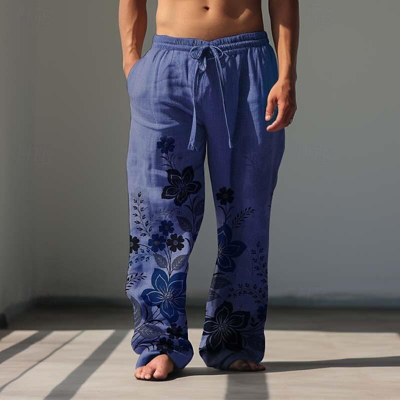 Men's Floral Linen Pants Pants Trousers Baggy Pants Mid Waist Vintage Outdoor Daily Wear Streetwear Spring &  Fall White Blue Green3
