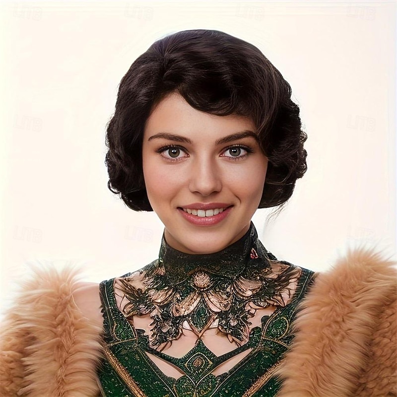 Brown Short 20s Wigs for Women Finger Wave Natural Synthetic Hair Wig for Women Lady Ladies Cosplay Anime Party Costume Anime Flapper Wig Halloween Wigs