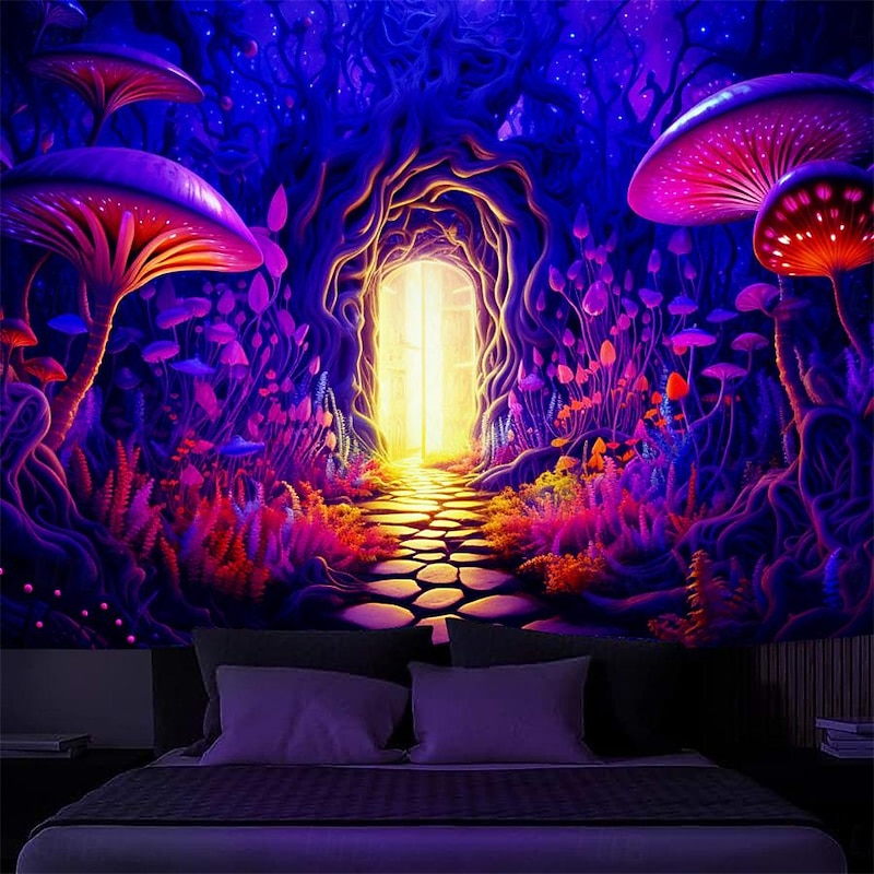 Blacklight Tapestry UV Reactive Glow in the Dark Glow Party Neon Mushrooms Forest Psychedelic Trippy Misty Hanging Tapestry Wall Art Mural for Living2