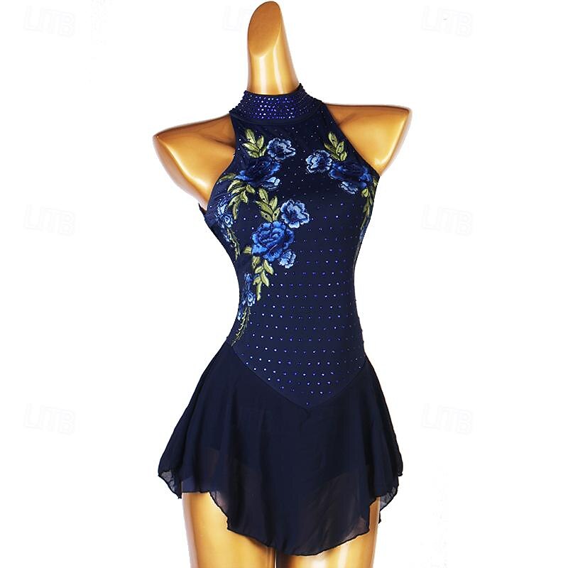 Dance Salsa Latin Dance Dress Rhinestone Women's Girls' Performance Training Long Sleeve High Chiffon Spandex4