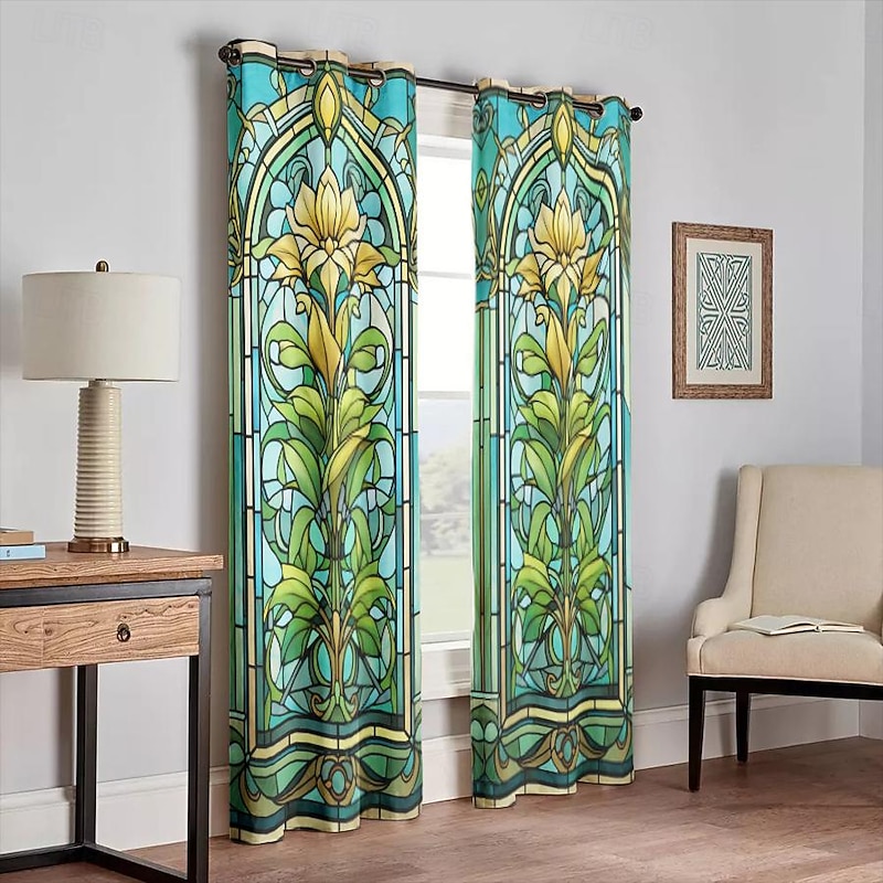 2 Panels 100% Blackout Curtain Stained Glass Pattern Curtain Drapes For Living Room Bedroom Kitchen Window Treatments Thermal Insulated Room Darkening2
