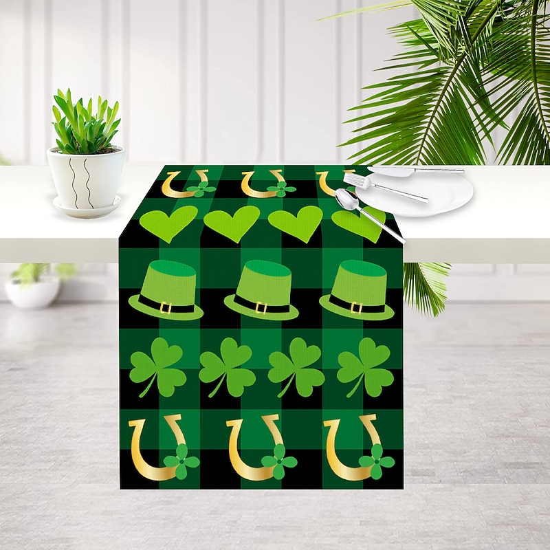 Green Lucky Shamrock St. Patrick's Day Table Runner, Seasonal Spring Holiday Kitchen Dining Table Decoration For Indoor Outdoor Home Party Decor2