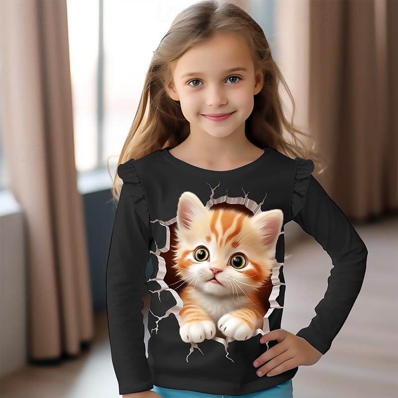 Girls' 3D Cartoon Cat Ruffle Tee Pink Long Sleeve 3D Print Spring Fall Active Fashion Cute Kids 3-12 Years Crew Neck Outdoor Casual Daily Regular Fit3