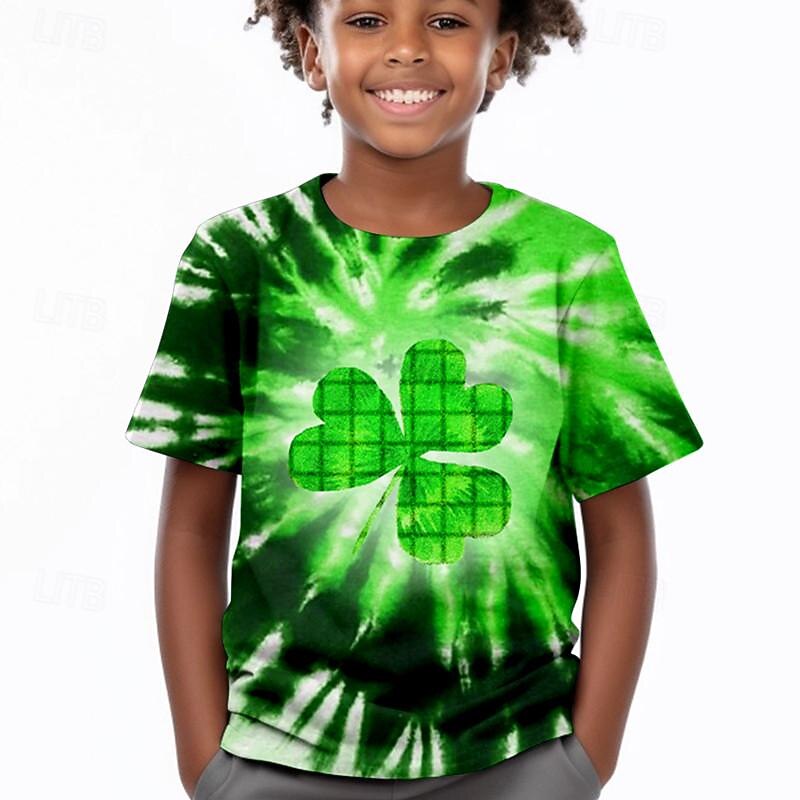 St. Patrick Boys 3D Tie Dye Four Leaf Clover Tee Shirt Short Sleeve 3D Print Summer Active Sports Fashion Polyester Kids 3-12 Years Crew Neck Outdoor Casual Daily Regular Fit2