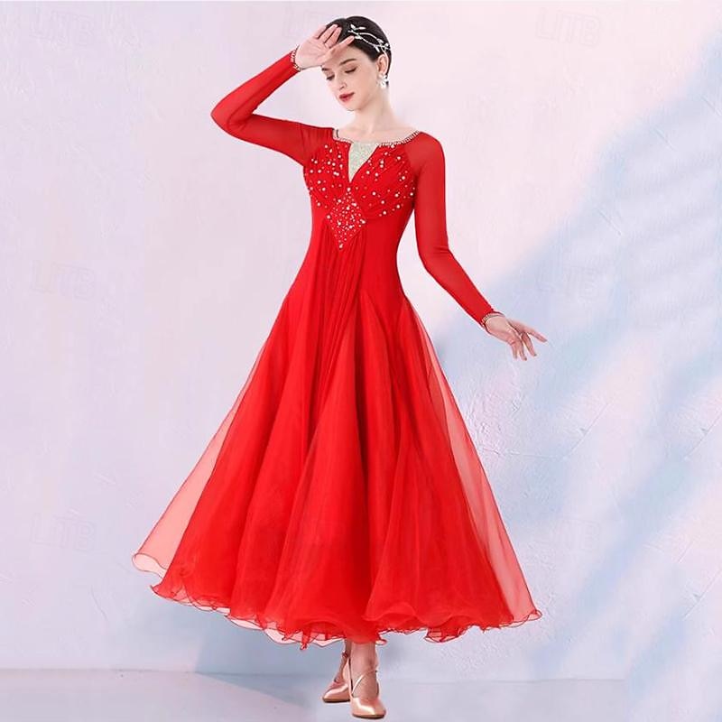Ballroom Dance Dress Splicing Crystals / Rhinestones Women's Performance Party Long Sleeve Mesh Spandex Organza2