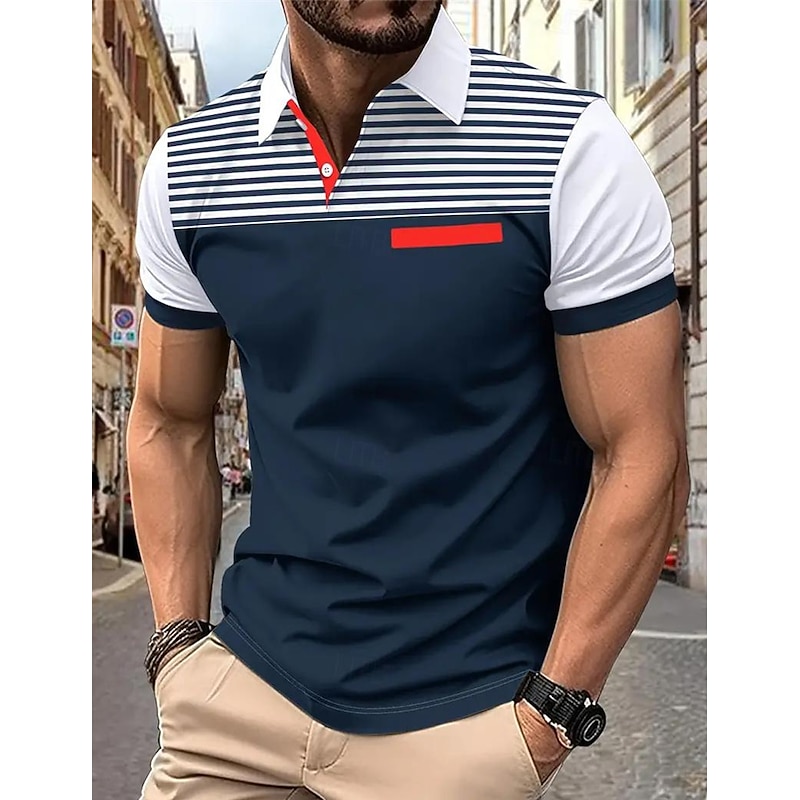 Men's Polo Shirts Button Up Polos Casual Sports Lapel Short Sleeve Fashion Basic Color Block Striped Patchwork Summer Regular Fit White Yellow Burgundy Navy Blue Blue Polo Shirts