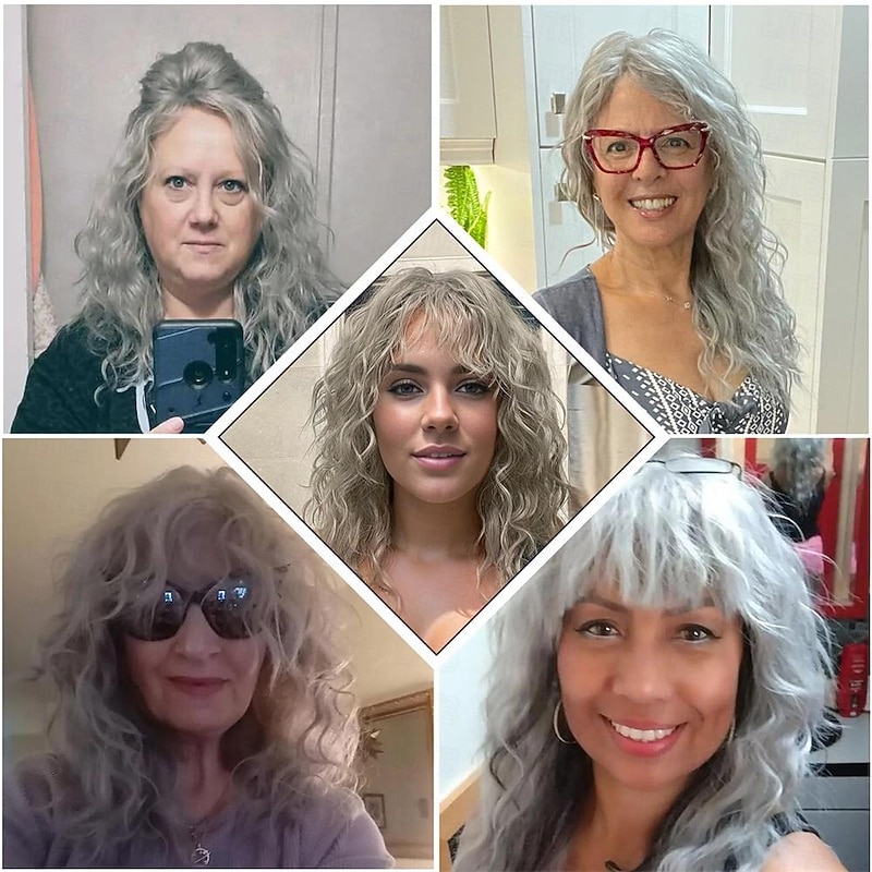 Grey Wigs with Bangs Long Curly Synthetic Wigs for Women Daily Cosplay Party2