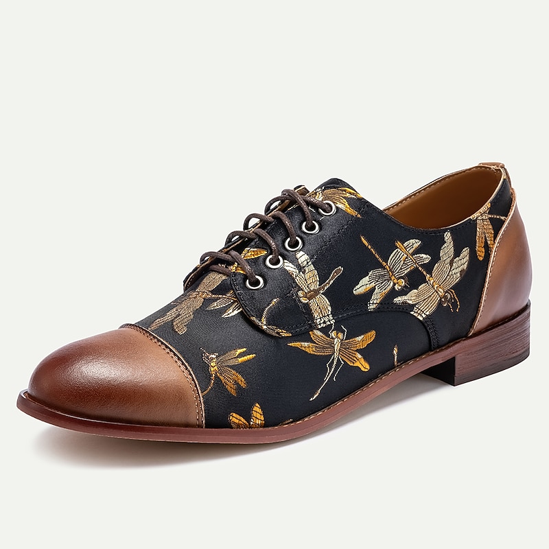 Men's Premium Cowhide Leather Oxford Shoes with Vintage Dragonfly Embroidery - Perfect for Formal Events and Special Occasions3