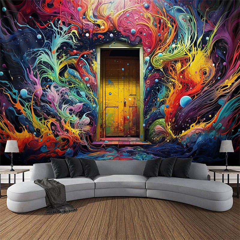 Blacklight Tapestry UV Reactive Glow in the Dark Glow Party Neon Colorful Painting Door Psychedelic Trippy Misty Hanging Tapestry Wall Art Mural for Living Room Bedroom