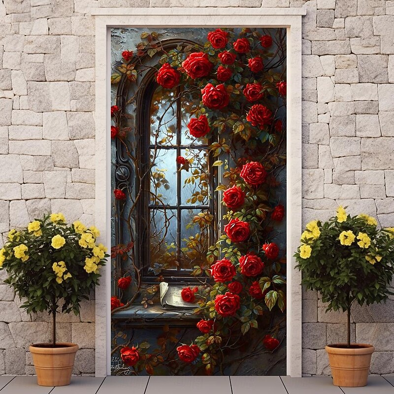 Wedding Outdoor Decorations Door Covers Door Tapestry Door Curtain Decoration Backdrop Indoor/Outdoor Door Banner for Front Door Farmhouse Roses3