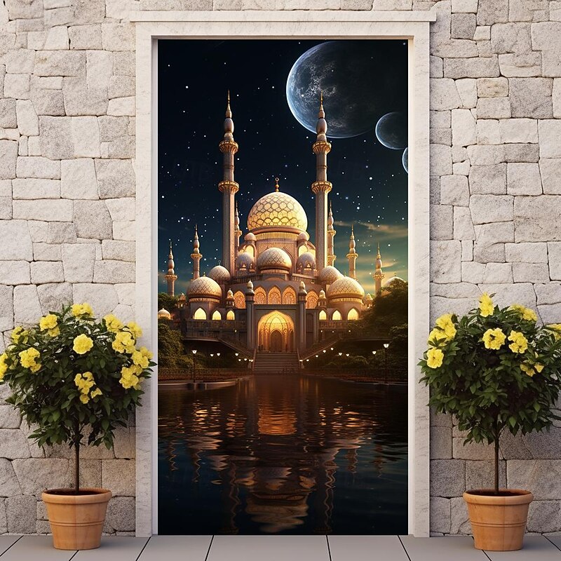 Ramadan Islam Mosque Door Covers Door Tapestry Door Curtain Decoration Backdrop Door Banner for Front Door Farmhouse Holiday Party Decor Supplies4
