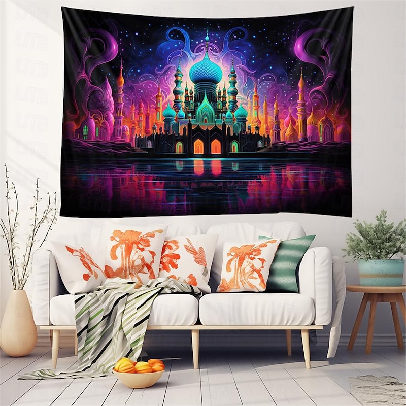 Ramadan Mosque Blacklight Tapestry UV Reactive Glow in the Dark Trippy Misty Nature Landscape Hanging Tapestry Wall Art Mural for Living Room Bedroom2