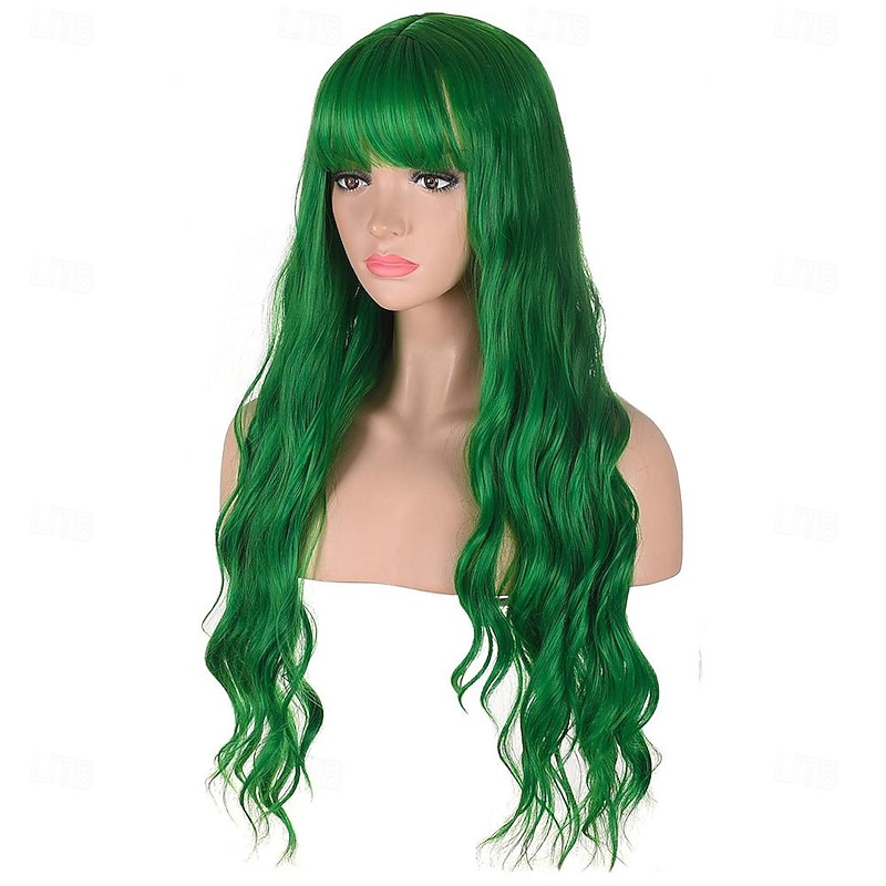 Long Wavy Green Wig with Bangs  Heat Resistant Synthetic Hair Wigs for Women Halloween Costume Cosplay Party St.Patrick's Day Wigs2