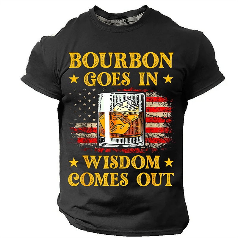 Men's Funny Bourbon Graphic T-Shirt - 'Bourbon Goes In Wisdom Comes Out' Patriotic American Flag Tee
